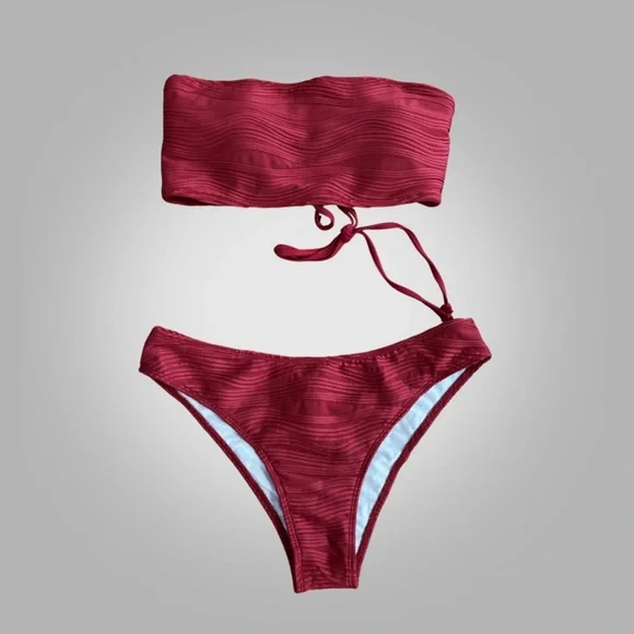 NWOT ZAFUL Textured Bandeau Bikini Set Lace-Up - Picture 4 of 9